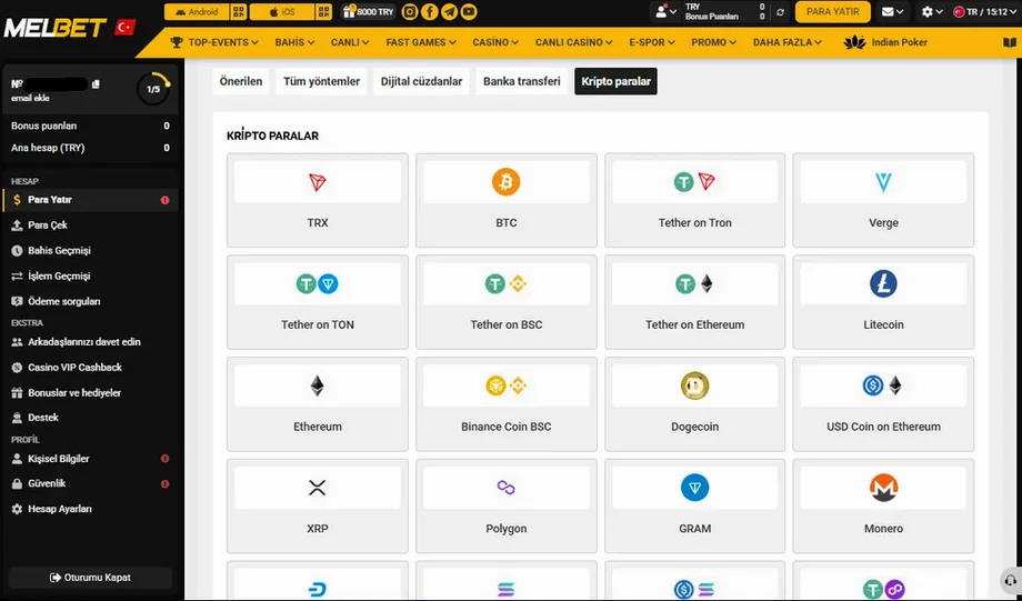 Kasa ekranında para yatırma yöntemleri ve sekme yapısı