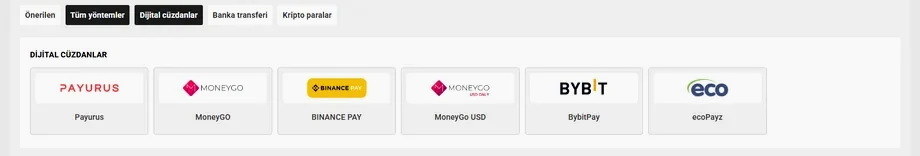 Dijital cüzdan sağlayıcıları: Payurus, MoneyGO, Binance Pay, ecoPayz
